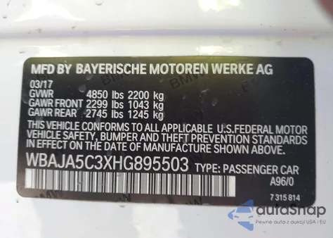 2017 BMW 530I z USA, uszkodzony, nr VIN WBAJA5C3XHG895503